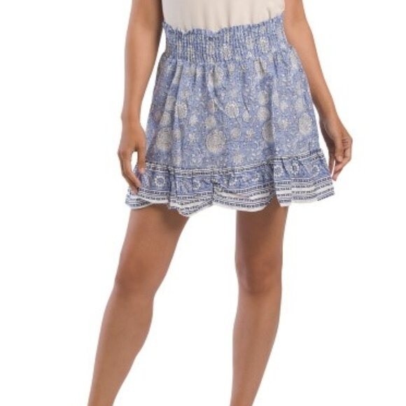 C&C California New Size S Set Blouse Skirt Linen Blend Woven Printed Blue White - Picture 3 of 11